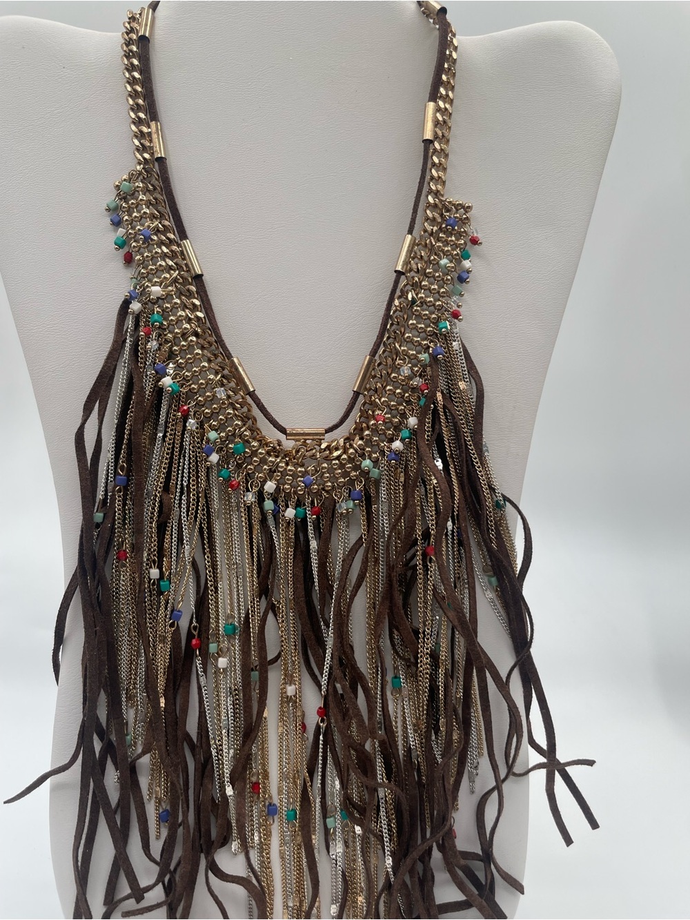 Brown Suede Fringe Necklace with Gold/Silver Tone Chains and Multicolor Beads